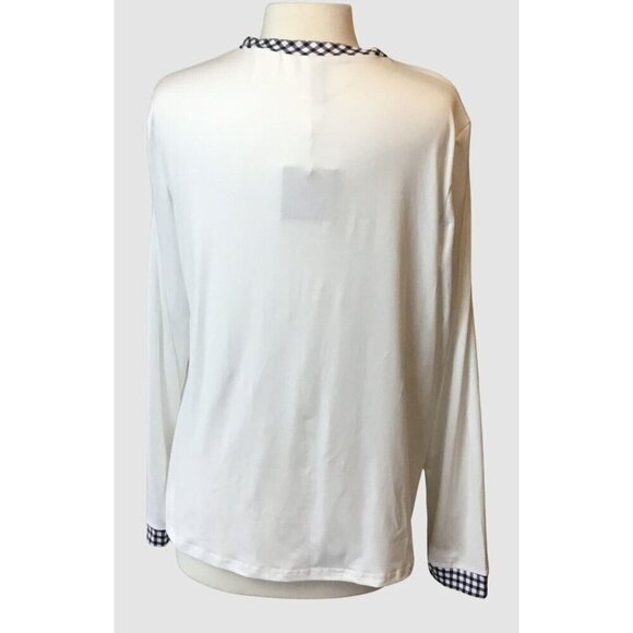 Nora Cora Long Sleeve White Pullover Asymmetric Neck Gingham & Button Accents LG - Picture 6 of 11